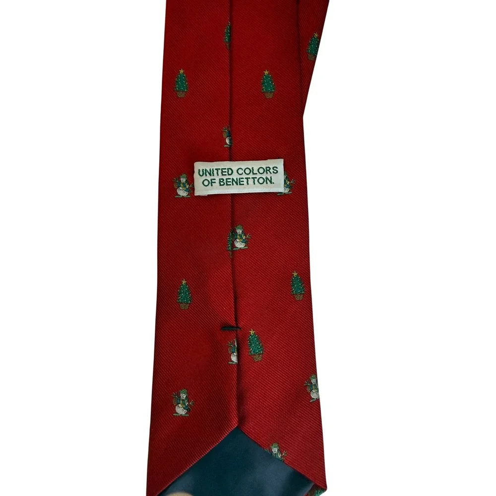 United Colors of Benetton Tie Mens OS Red  Silk Christmas Snowman 1990